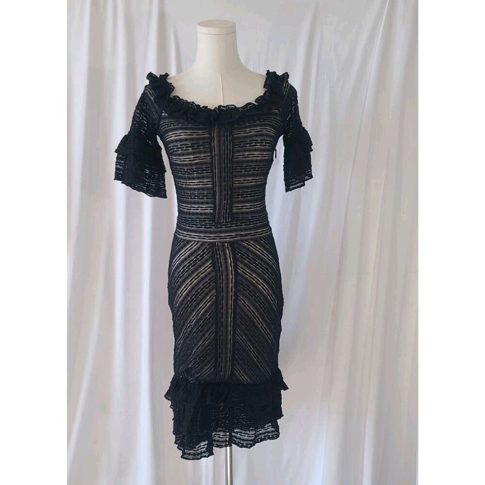 Bebe Y2K Womens Black Lace Ruffle Off The Shoulder Dress XS